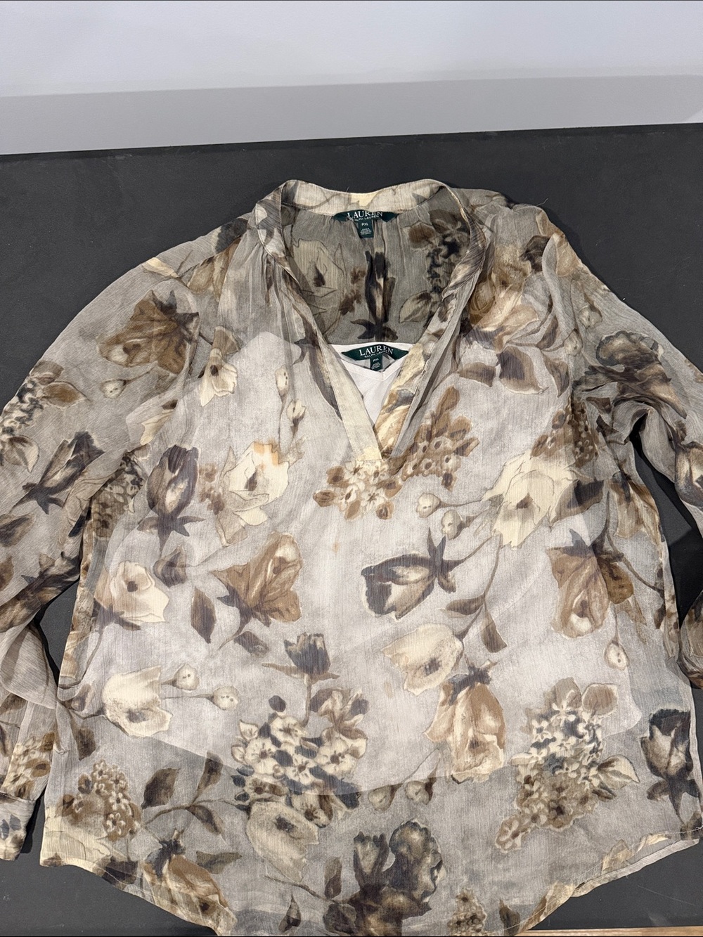 Lauren Ralph Lauren Neutral Floral Sheer V-Neck Blouse